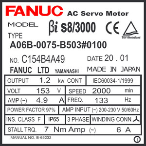 A06B-0075-B503#0100 - AC SERVO MDL BiS8/3000, ST, KEY, 24v BRK, b128ia, IP67 A06B-0075-B503#0100 - AC SERVO MDL BiS8/3000, ST, KEY, 24v BRK, b128ia, IP67