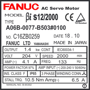 A06B-0077-B503#0100 - AC SERVO MDL BiS12/2000, ST, KEY, 24v BRK, b128ia, IP67 A06B-0077-B503#0100 - AC SERVO MDL BiS12/2000, ST, KEY, 24v BRK, b128ia, IP67