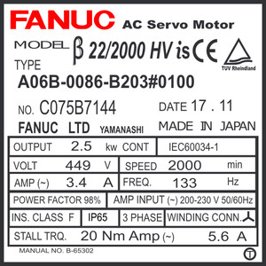 A06B-0086-B203#0100 - AC SERVO MDL BiS22/2000HV, ST, KEY, b128ia, IP67