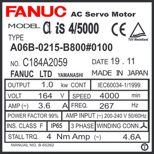 A06B-0215-B800#0100 - AC SERVO MOTOR MDL AiS4/5000, ST, KEY, 90v BRK, a1000, IP67