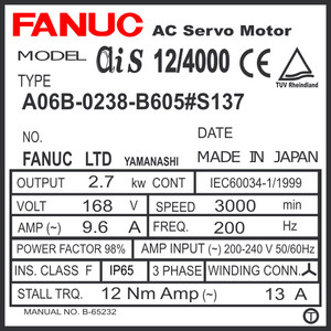 A06B-0238-B605#S137 - AC SERVO MOTOR MDL AiS12/4000, TPR, 90v BRK a64iA