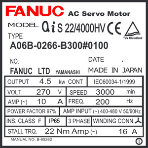 A06B-0266-B300#0100 - AC SERVO MOTOR MDL AiS22/4000HV, TPR, 24v BRK, a1000, IP67