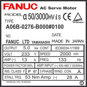 A06B-0276-B000#0100 - AC SERVO MTR MDL AiS50/3000HV, TPR, a1000, IP67