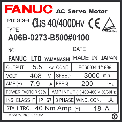 A06B-0273-B500#0100 - AC SERVO MDL AiS40/4000HV, ST, KEY, 24v BRK, a1000, IP67