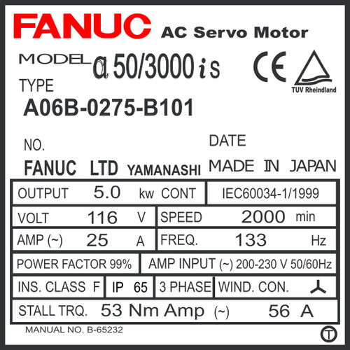 A06B-0275-B101 - AC SERVO MOTOR MDL AiS50/3000, ST, SLK, i1000