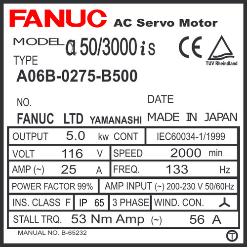 A06B-0275-B500 - AC SERVO MTR MDL AiS50/3000, ST, KEY, 24v BRK, a1000