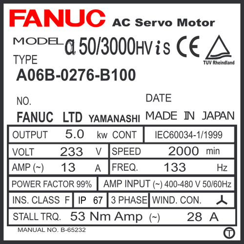 A06B-0276-B100 - AC SERVO MTR MDL AiS50/3000HV, ST, SLK, a1000