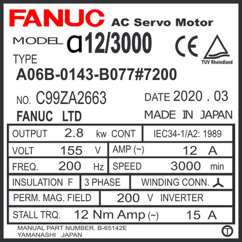 A06B-0143-B077#7200 - AC SERVO MDL A12/3000, ST, SLK, HP BEARINGS