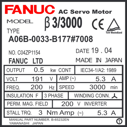 A06B-0033-B177#7008 - AC SERVO MDL B3/3000, ST, KEY, BRK, i32b
