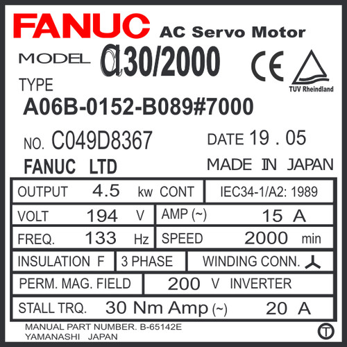 A06B-0152-B089#7008 - AC SERVO MDL A30/2000, ST, KEY, a1000+S.C.
