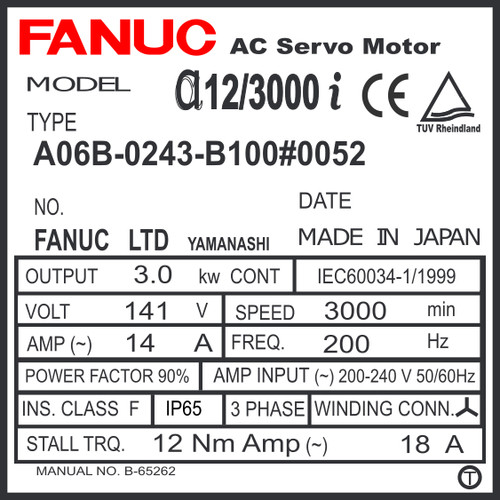 A06B-0243-B100#0052 - AC SERVO MOTOR MDL AiF12/4000, ST, SLK, a1000