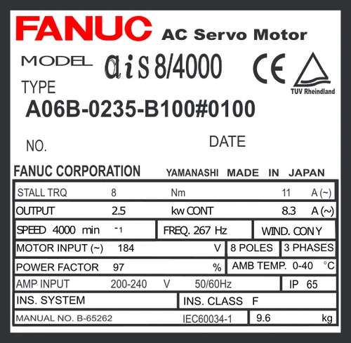 A06B-0235-B100#0100 - AC SERVO MOTOR MDL AiS8/4000, ST, SLK, a1000, IP67