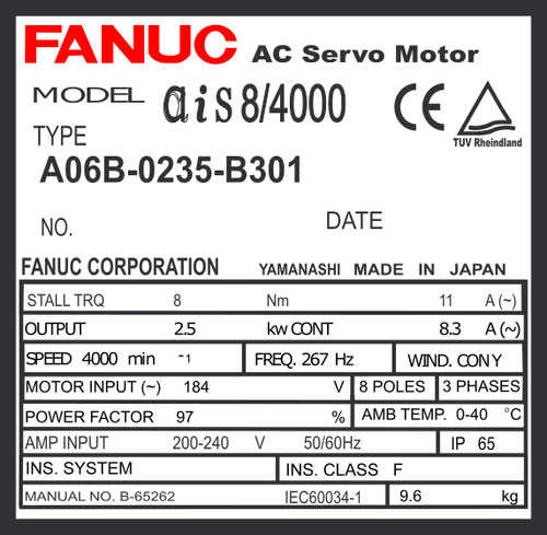 A06B-0235-B301 - AC SERVO MOTOR MDL AiS8/4000, TPR, 24v BRK, i1000
