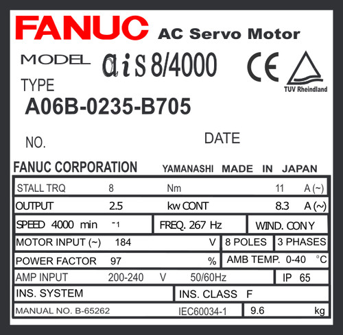 A06B-0235-B705 - AC SERVO MOTOR MDL AiS8/4000, ST, SLK, 90v BRK, a64ia