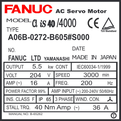 Fanuc A06B-0272-B605#S000 or A06B0272B605 AC Servo Motor - Fanucworld