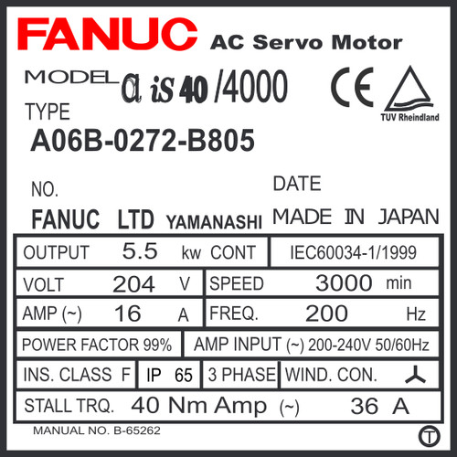 A06B-0272-B805 - AC SERVO MOTOR MDL AiS40/4000, ST, KEY, 90v BRK, a64ia