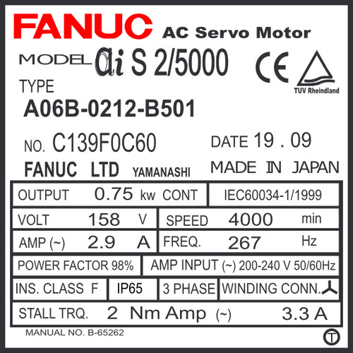 A06B-0212-B501 - AC SERVO MOTOR MDL AIS2/5000, ST, KEY, 24v BRK, i1000