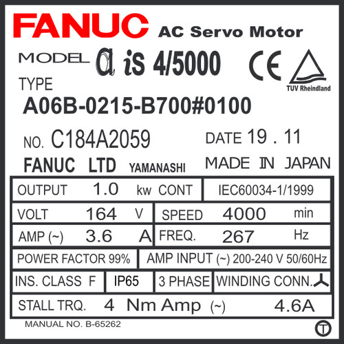 A06B-0215-B700#0100 - AC SERVO MOTOR MDL AiS4/5000, ST, SLK, 90v BRK, a1000, IP67