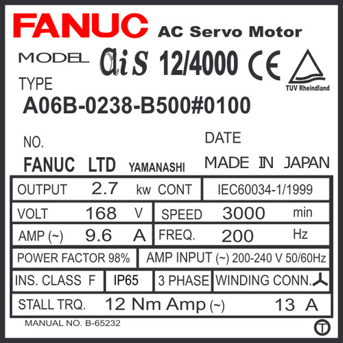 A06B-0238-B500#0100 - AC SERVO MTR MDL AiS12/4000, ST, KEY, 24v BRK, a1000, IP67