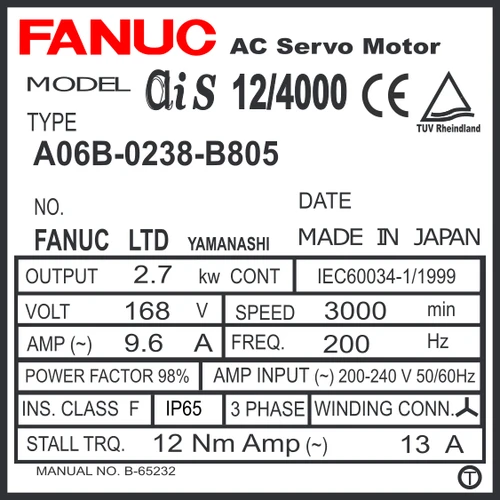 A06B-0238-B805 - AC SERVO MOTOR MDL AiS12/4000, ST, KEY, 90v BRK, a64ia