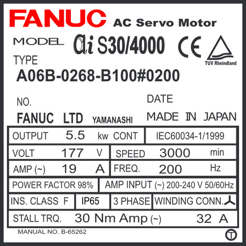 A06B-0268-B100#0200 - AC SERVO MOTOR MDL AiS30/4000, ST, SLK, a1000