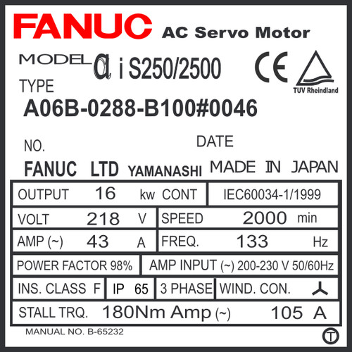 A06B-0288-B100#0046 - AC SERVO MOTOR MDL AiS200/2500, ST, SLK, a1000