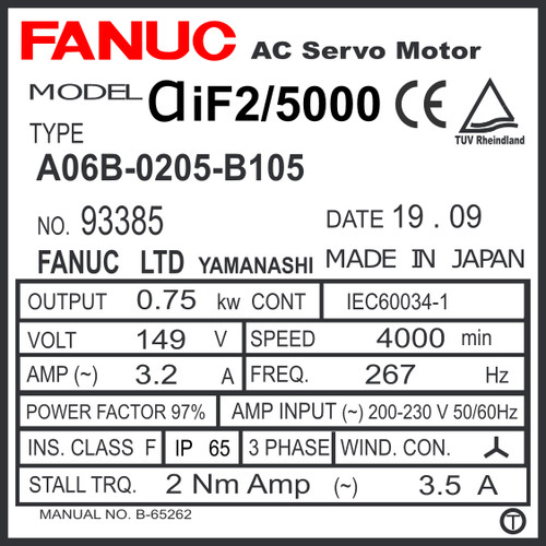 A06B-0205-B105 - AC SERVO MOTOR MDL AiF2/5000, ST, SLK, a64ia