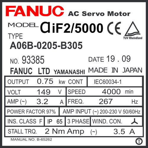 A06B-0205-B305 - AC SERVO MOTOR MDL AiF2/5000, TPR, 24v BRK, a64ia