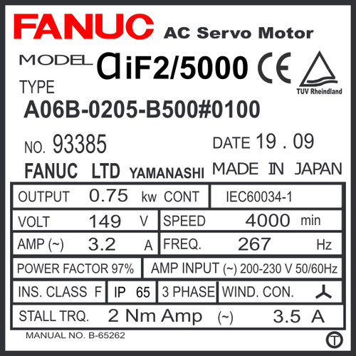 A06B-0205-B500#0100 - AC SERVO MTR MDL AiF2/5000, ST, KEY, 24v BRK, a1000, IP67