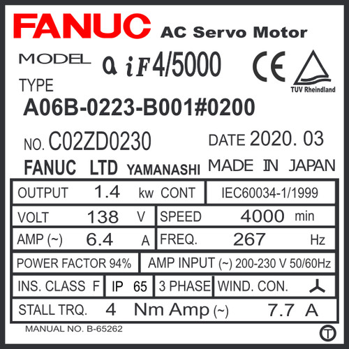 A06B-0223-B001#0200 - AC SERVO MOTOR MDL AiF4/5000, TPR, i1000