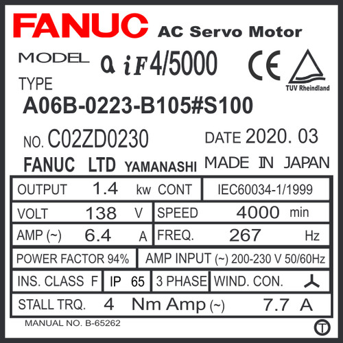 A06B-0223-B105#S100 - AC SERVO MOTOR MDL AiF4/5000, ST, SLK, a64ia, IP67