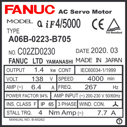 A06B-0223-B705 - AC SERVO MOTOR MDL AiF4/5000, ST, SLK, 90v BRK, a64ia