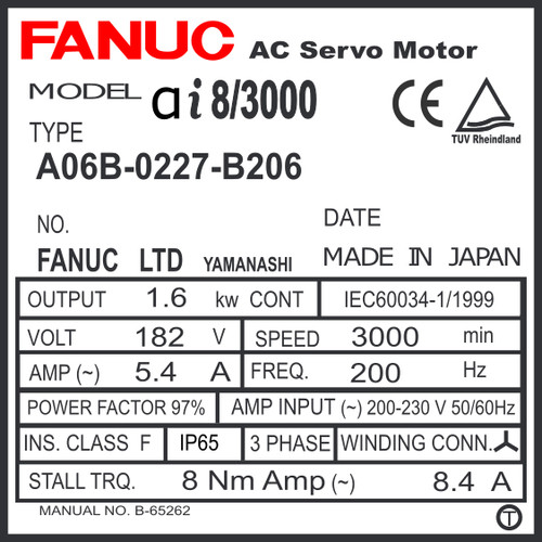 A06B-0227-B206 - AC SERVO MOTOR MDL AiF8/3000, ST, KEY, i64ia
