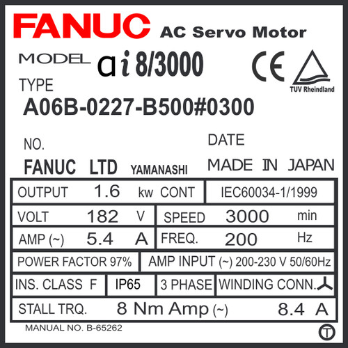 A06B-0227-B500#0300 - PRECISE AC SERVO MOTOR MDL AiF8/3000, ST, KEY, 24v BRK, a1000