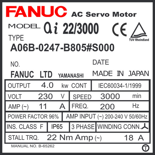 A06B-0247-B805#S000 - AC SERVO MOTOR MDL AiF22/3000, ST, KEY, 90v BRK, a64ia