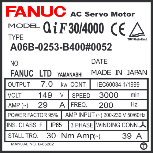A06B-0253-B400#0052 - AC SERVO MOTOR MDL AiF30/4000, ST, SLK, 24v BRK, a1000