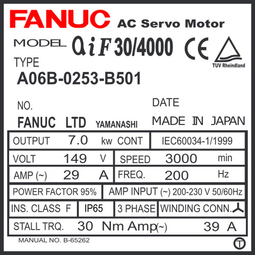 A06B-0253-B501 - AC SERVO MOTOR MDL AiF30/4000, ST, KEY, 24v BRK, i1000
