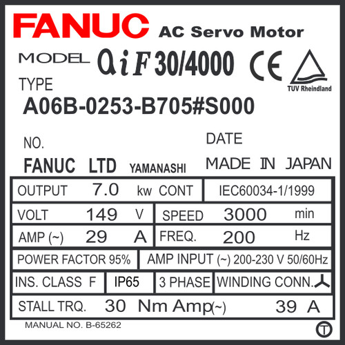 A06B-0253-B705#S000 - AC SERVO MOTOR MDL AiF30/4000, ST, SLK, 90v BRK, a64ia