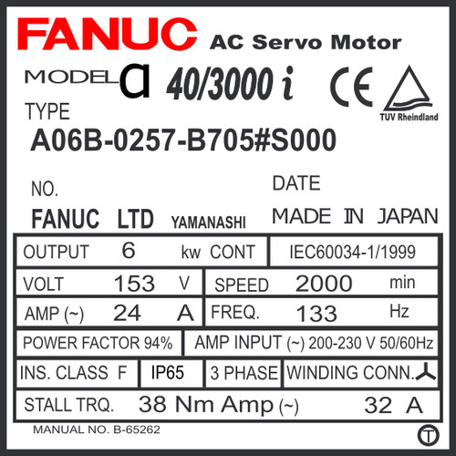 A06B-0257-B705#S000 - AC SERVO MOTOR MDL AiF40/3000, ST, SLK, 90v BRK, a1000