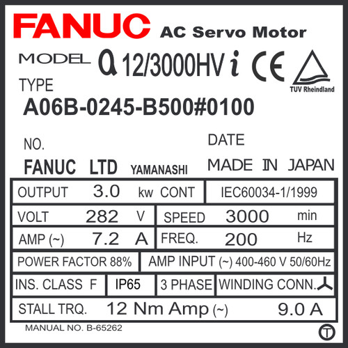 A06B-0245-B500#0100 - AC SERVO MTR MDL AiF12/4000HV, ST, KEY, 24v BRK, a1000, IP67