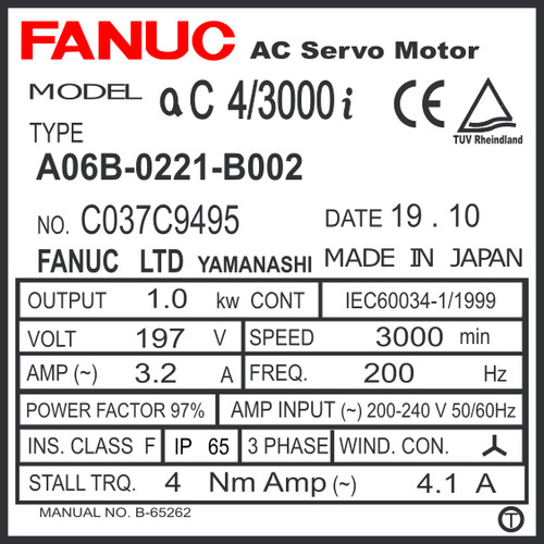 A06B-0221-B002 - AC SERVO MOTOR MDL AC4/3000i, TPR, a16,000