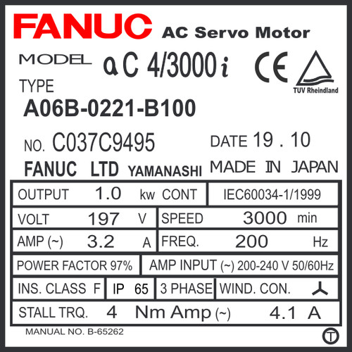 A06B-0221-B100 - AC SERVO MOTOR MDL AC4/3000i, ST, SLK, a1000