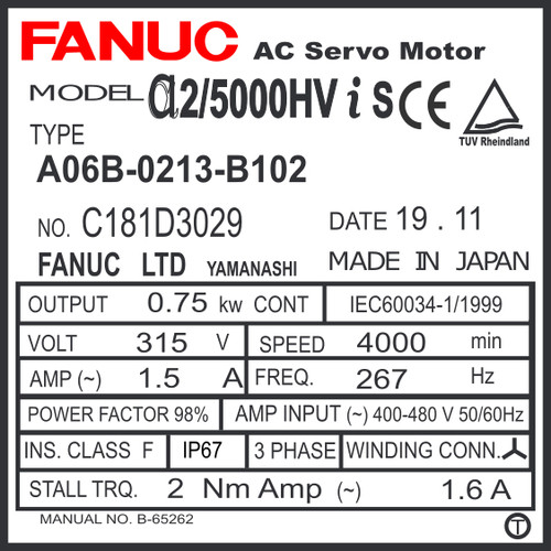 A06B-0213-B102 - AC SERVO MOTOR MDL AiS2/5000HV, ST, SLK, a16,000