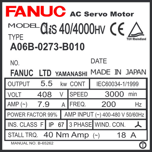 A06B-0273-B010 - AC SERVO MOTOR MDL AiS40/4000HV, TPR, FAN, a1000