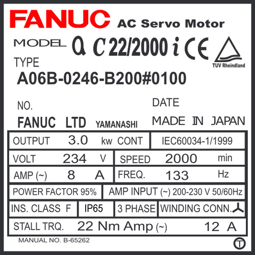 A06B-0246-B200#0100 - AC SERVO MOTOR MDL A22/2000i, ST, KEY, a1000, IP67