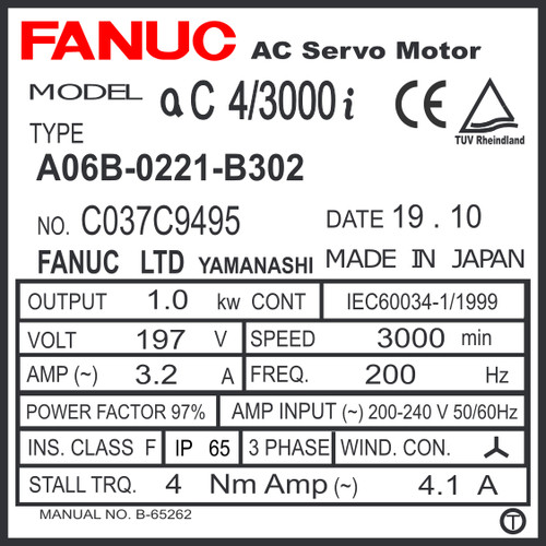 A06B-0221-B302 - AC SERVO MOTOR MDL AC4/3000i, TPR, 24v BRK, a16,000