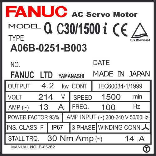 A06B-0251-B003 - AC SERVO MOTOR MDL AC30/1500i, TPR, a1000+S.C.