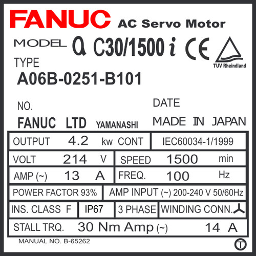 A06B-0251-B101 - AC SERVO MOTOR MDL AC30/1500i, ST, SLK, i1000