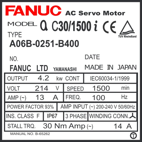 A06B-0251-B400 - AC SERVO MOTOR MDL AC30/1500i, ST, SLK, 24v BRK, a1000