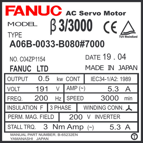 A06B-0033-B080#7000 - AC SERVO MDL B3/3000, ST, SLK, i8b